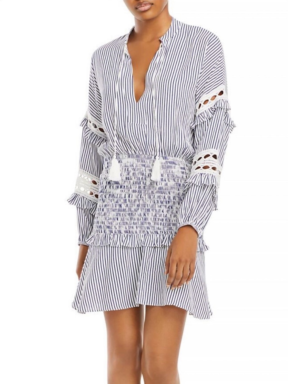 AQUA || Striped Long Sleeve Smocked Waist Dress in White and Navy. Sz. S
